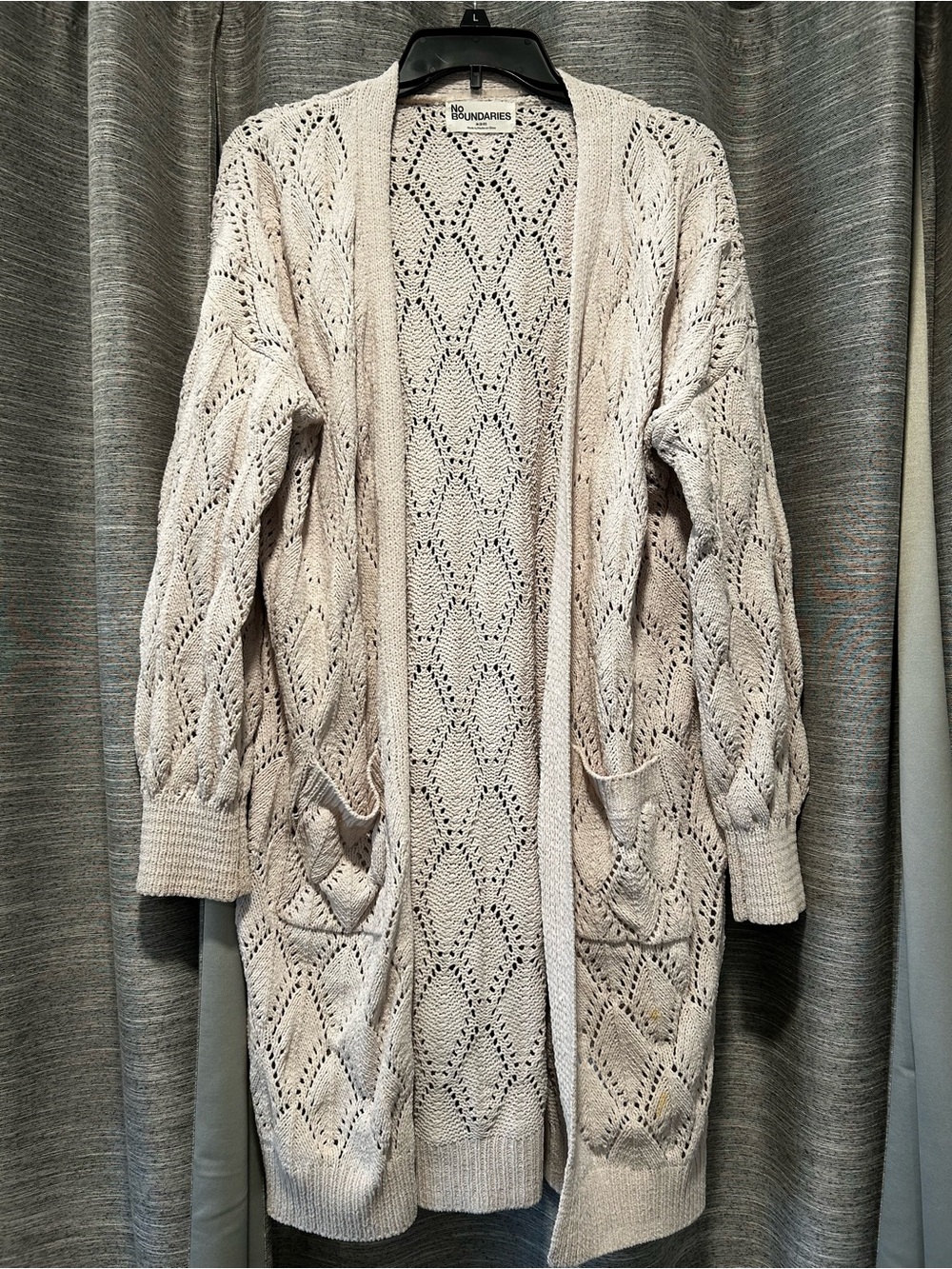No Boundaries Cream Open-Front Pointelle Cardigan with Pockets